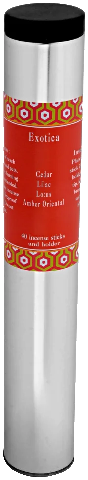 The Exotica tube: a brushed metal cylinder with a black lid and a red hexagon-print label
