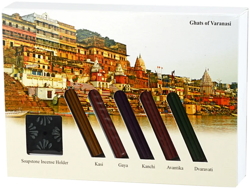 The Ghats of Varanasi gift box: five fragrances of incense laid in a row beside a carved soapstone holder